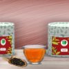 Caramel Black: tea boxes, cup infusion, dry tea leaves