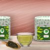 Emerald Green: tea boxes, cup infusion, dry tea leaves