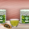 Genmaicha: tea boxes, cup infusion, dry tea leaves