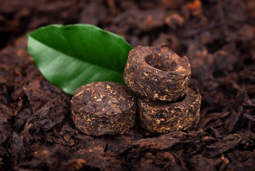 Pu-erh cakes on layer of dry tea leaves